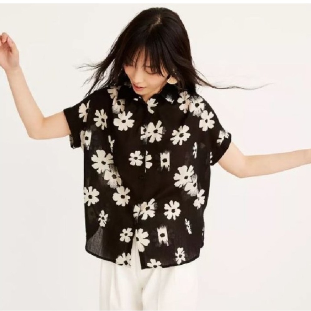 Madewell Central Tunic Shirt Floral Black Size XL Short Sleeve Button-Up